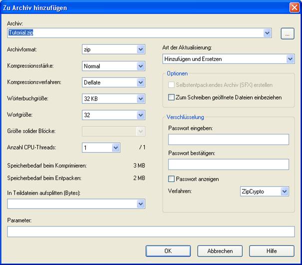 Dateien mit dem 7Zip Filemanager in ein ZipArchiv komprimieren